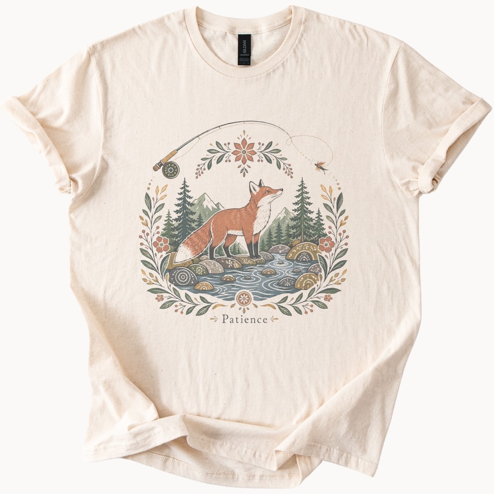 Boho Fishing Fox Evergreen Forest Graphic Tee